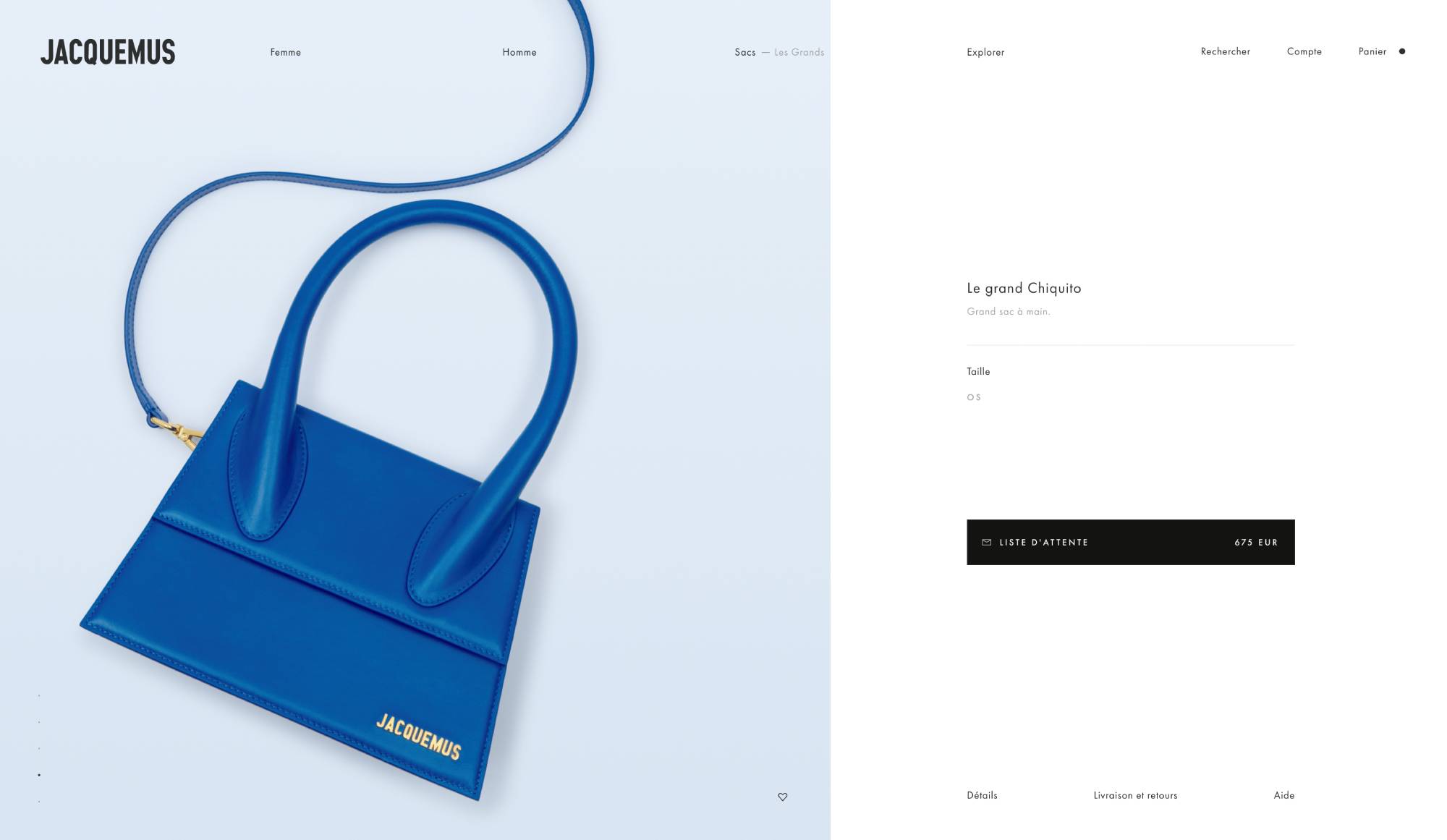 Fiche produit du site e-commerce Jacquemus