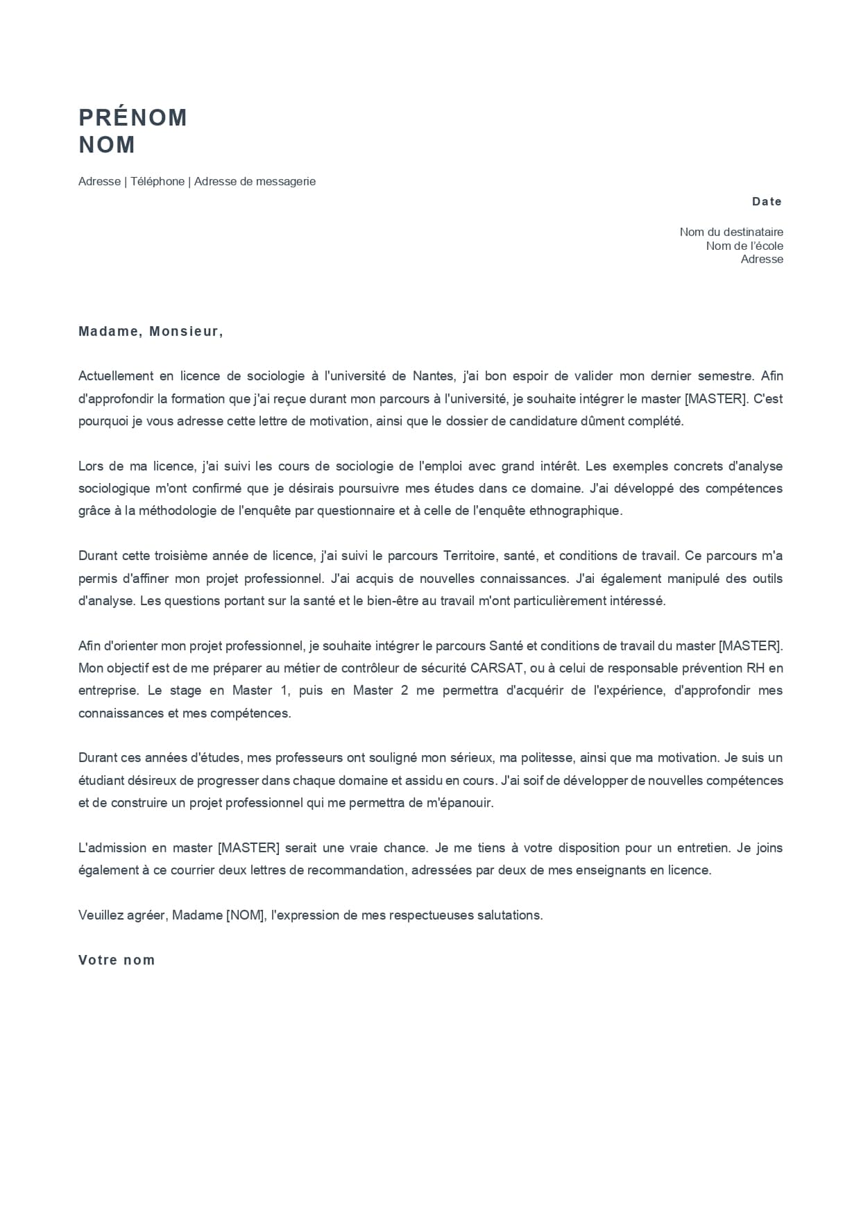 exemple de lettre de motivation pour postuler à un master ou une école supérieure