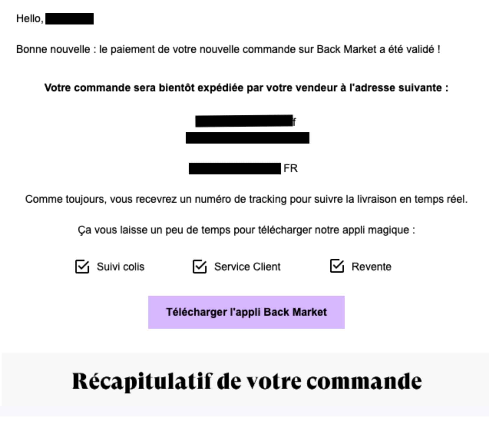 Exemple de mail du service client de Back Market