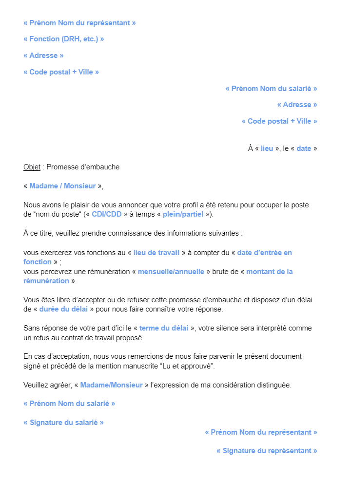 Promesse d'embauche : modèle et exemple d'usage