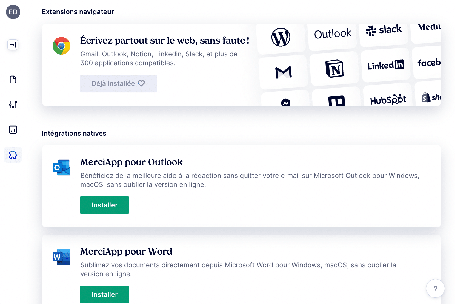  Page "Intégrations" dans MerciApp