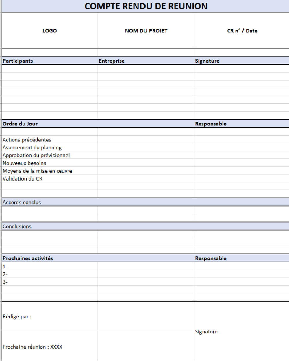 Modèle compte rendu de réunion en format Excel