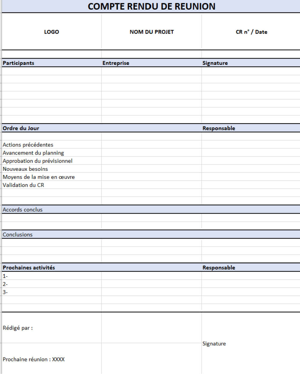 Modèle compte rendu de réunion en format Excel