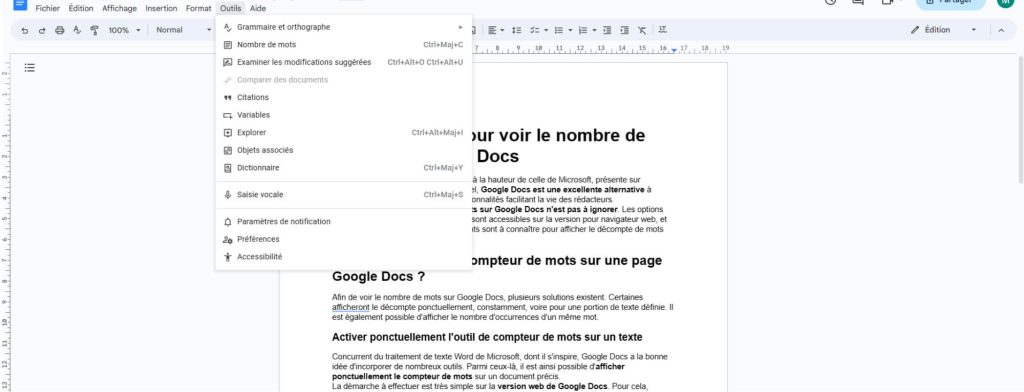 Nombre de mots Google Docs