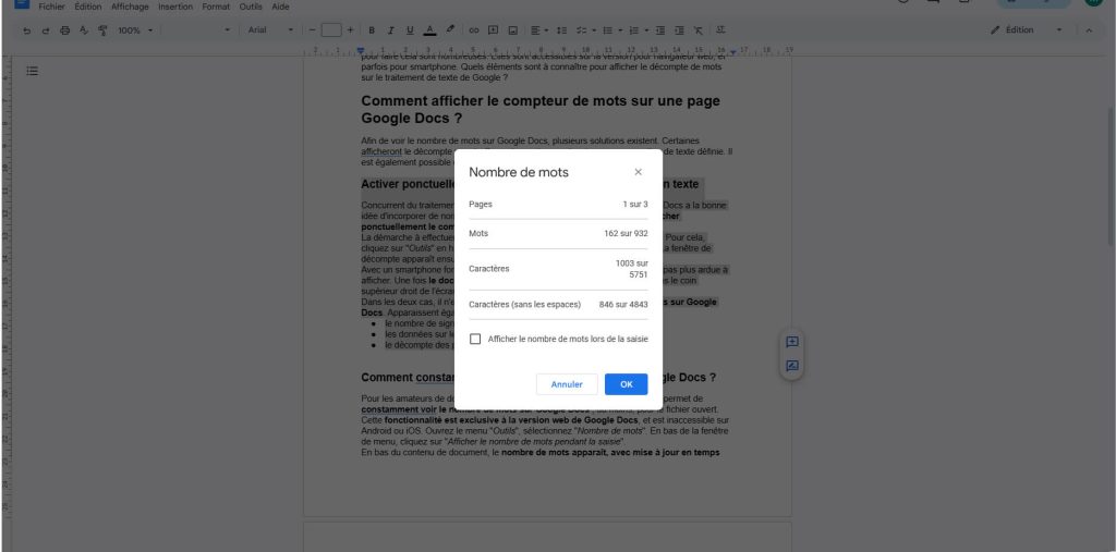 nombre de mots séléctionné sur Google Docs