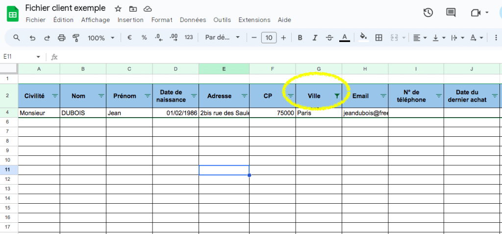 fichier client excel