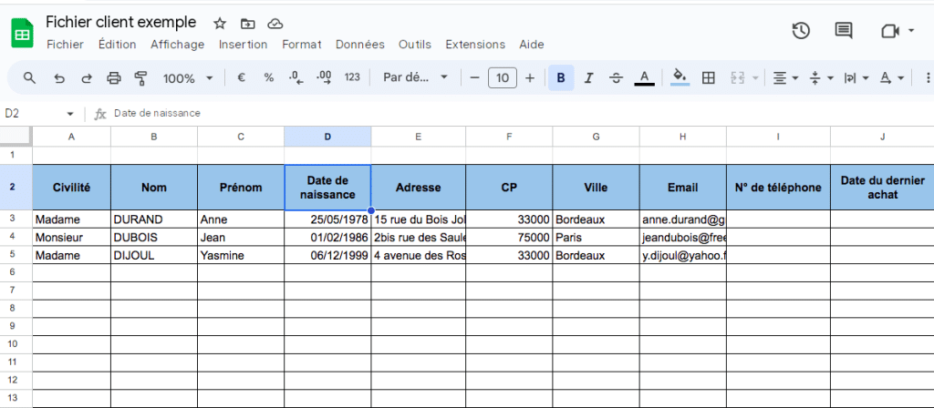 fichier client excel