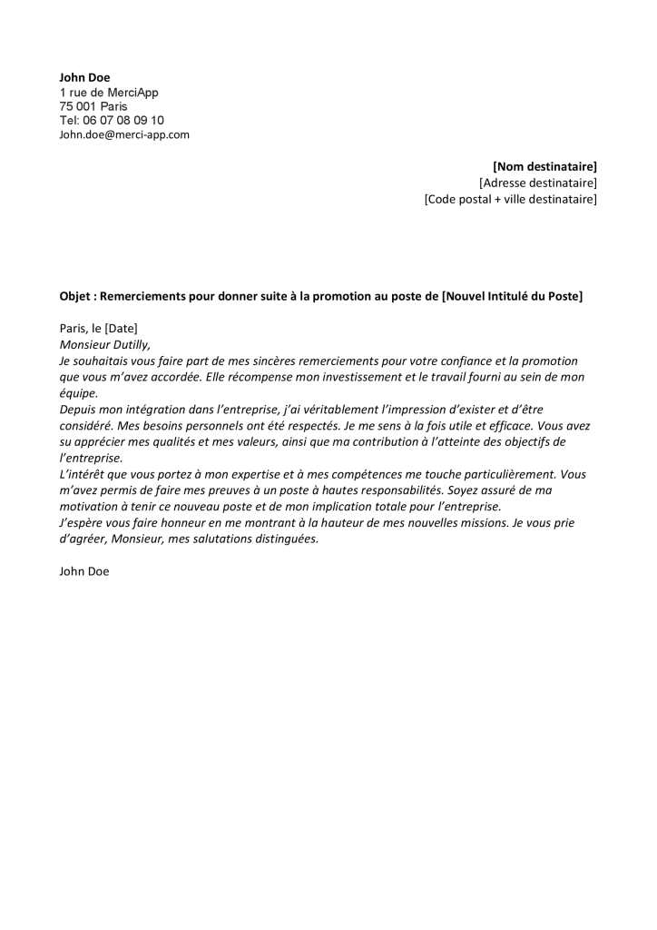 lettre de remerciement après avoir reçu une promotion professionnelle