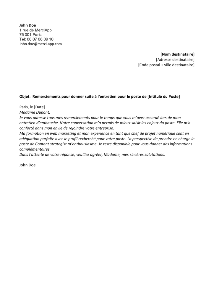 lettre de remerciement suite à un entretien d'embauche