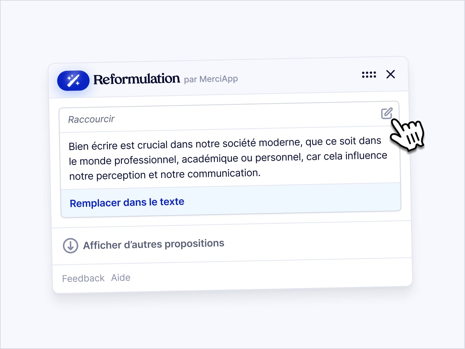 Image représentant une fonctionnalité de reformulation avec l'extension navigateur MerciApp