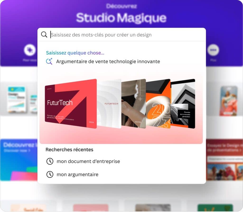 Fonction studio magique de canva , qui crée des templates suivant votre demande et votre sujet. 