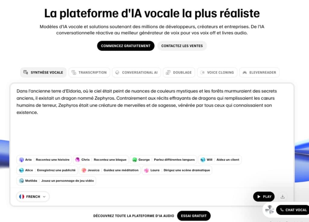 Interface ElevenLabs sur l'outil texte-en-parole