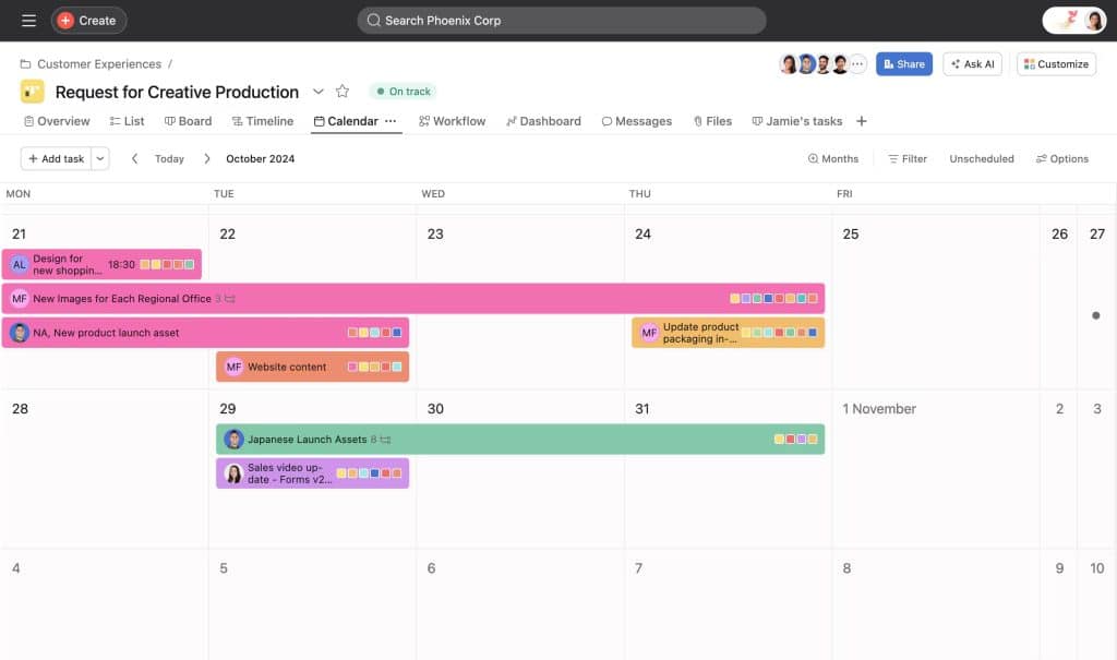 Capture d'écran d'Asana montrant le calendrier de projet 'Request for Creative Production' avec assistant IA Ask AI, planification des tâches créatives et collaboration d'équipe - solution d'optimisation des processus de gestion de projet avec intelligence artificielle