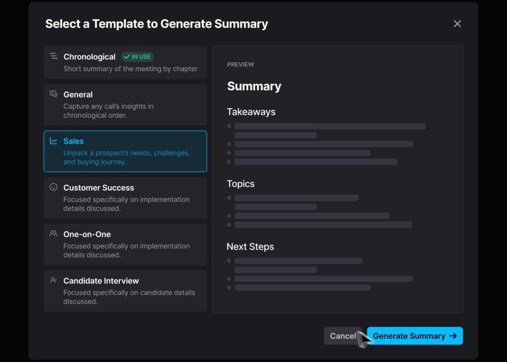 Capture d'écran d'un outil IA de résumé automatique montrant les templates spécialisés (Sales, Customer Success, One-on-One, Candidate Interview) avec prévisualisation structurée incluant Takeaways, Topics et Next Steps - solution d'optimisation des processus de compte-rendu et documentation