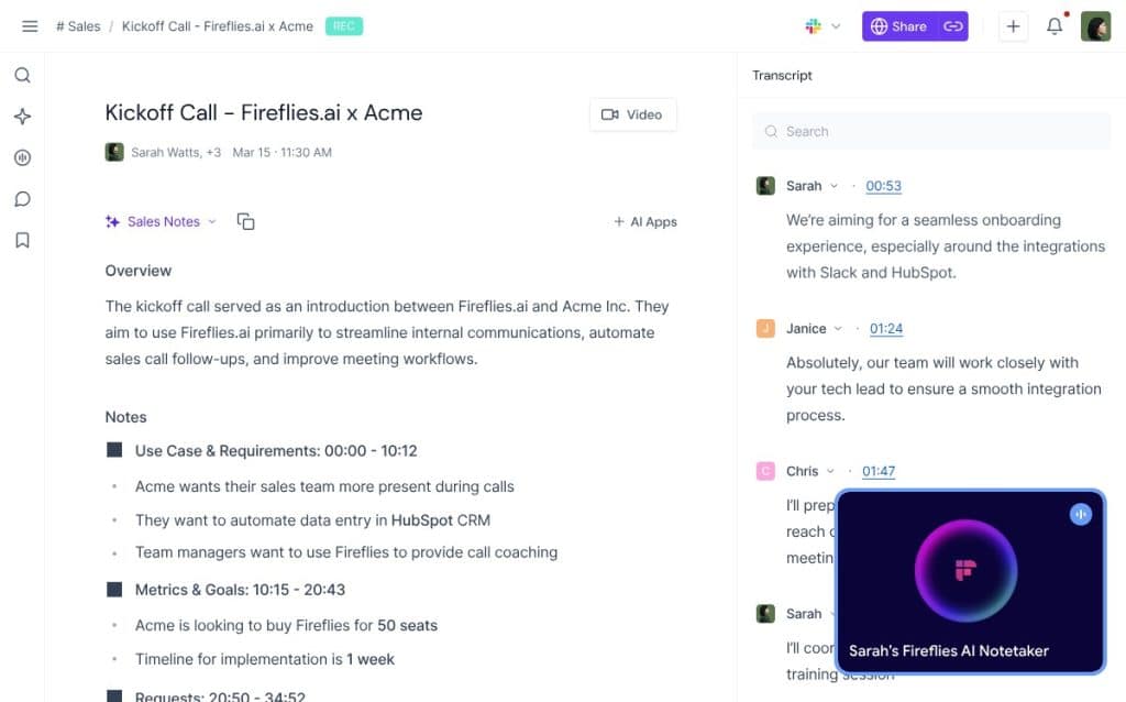 Capture d'écran de Fireflies.ai montrant la transcription automatique d'un appel commercial 'Kickoff Call' avec résumé IA, notes structurées et assistant virtuel Fireflies AI Notetaker - solution d'optimisation des processus de suivi commercial et réunions