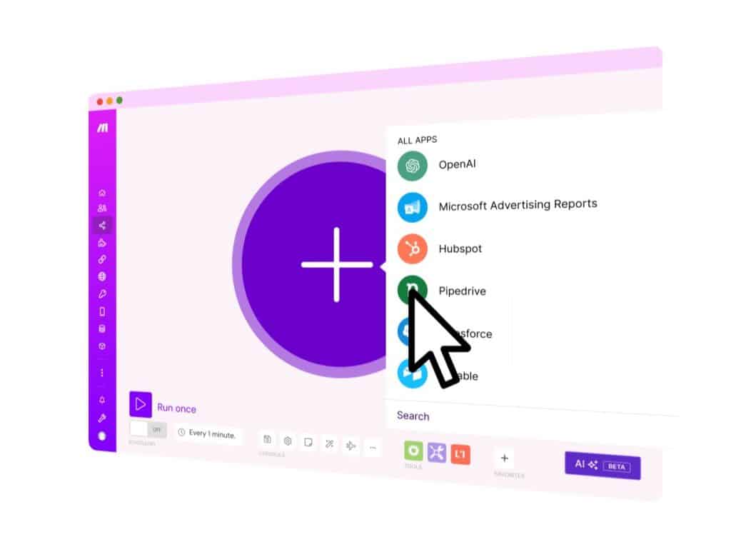 Capture d'écran de Make montrant l'interface de création de scénarios d'automatisation avec catalogue d'applications (OpenAI, Microsoft Advertising, HubSpot, Pipedrive, Salesforce, Airtable) et fonctionnalité AI Beta pour optimiser les workflows et processus métier automatisés