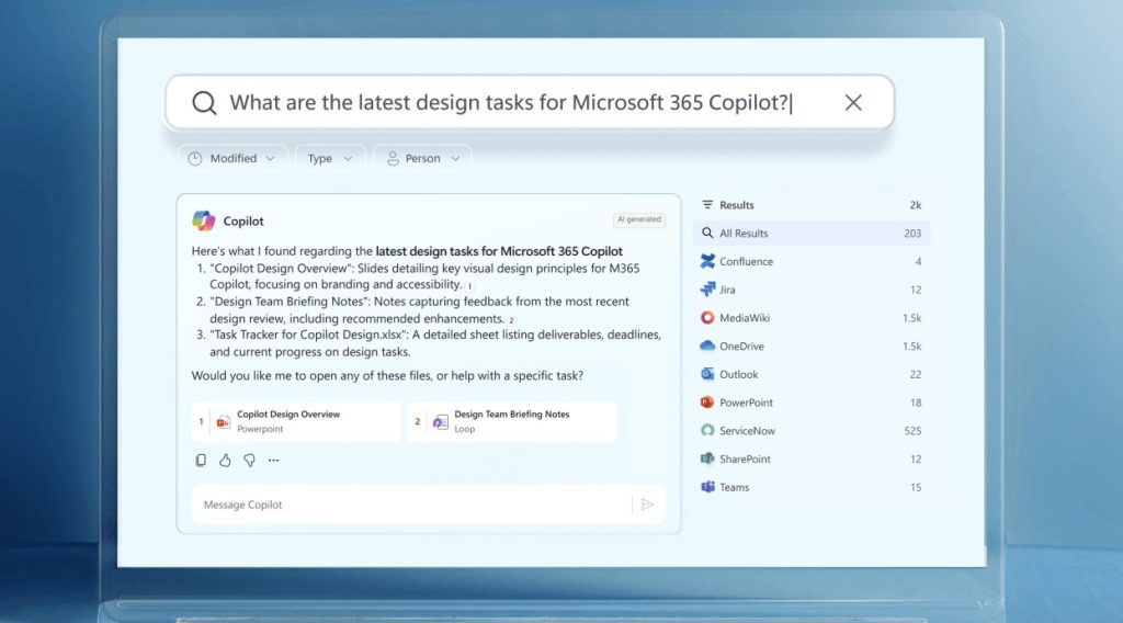 Capture d'écran de Microsoft 365 Copilot montrant une recherche IA sur les tâches de design, avec résultats automatiques depuis SharePoint, Teams, PowerPoint et autres outils Microsoft - solution d'optimisation des processus de recherche et collaboration interne