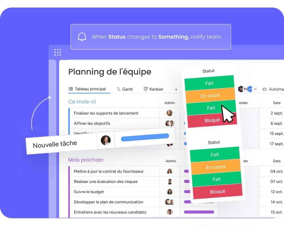 Capture d'écran de Monday.com montrant le tableau de bord 'Planning de l'équipe' avec notifications automatiques, statuts colorés des tâches et workflows automatisés - outil IA pour optimiser la gestion de projet et les processus collaboratifs