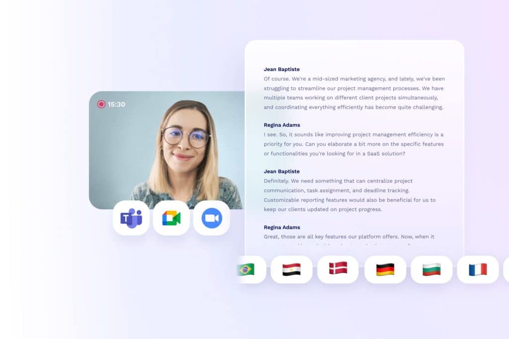 Capture d'écran d'une plateforme de visioconférence intelligente montrant une réunion avec transcription en temps réel, traduction automatique multilingue (drapeaux de différents pays visibles) et chat IA - solution d'optimisation des processus de communication globale
